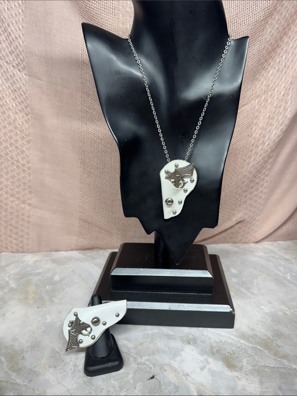 White Leather holster Emblem Necklace & Ring Set- upcycled diaper clips